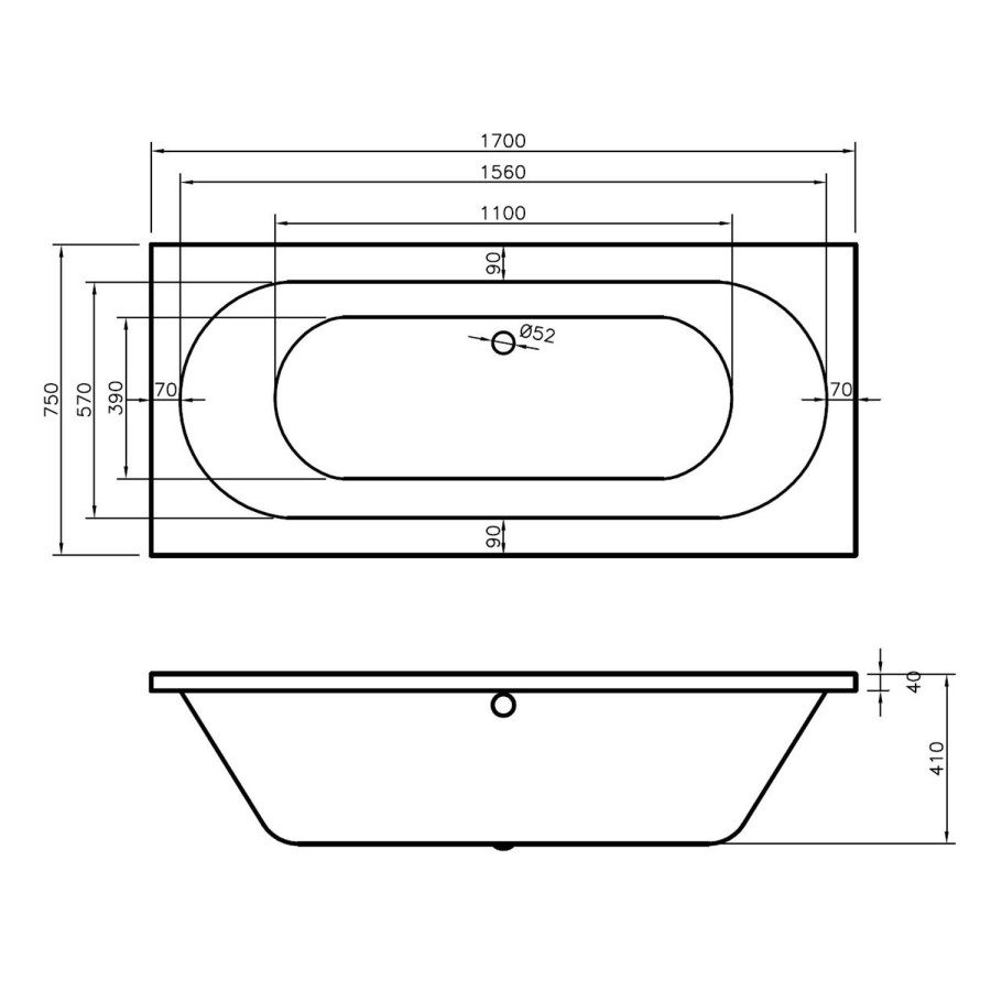 Mosanto Double Ended Round Style Standard Bath - 1700 x 750mm 