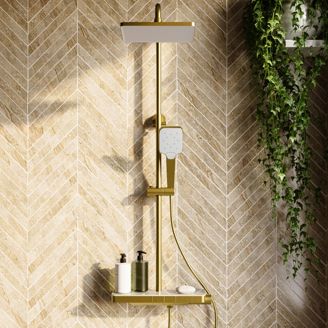 Brushed Brass Thermostatic Mixer Shower Set with Push Button & Shelf - Mika