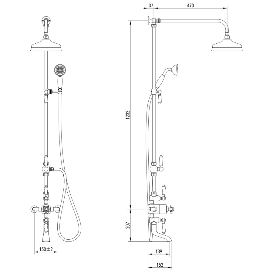 Brushed Bronze Traditional Thermostatic Bath Mixer Shower Set with Bath Filler Spout - Slide Rail Kit & Hand Shower - Camden