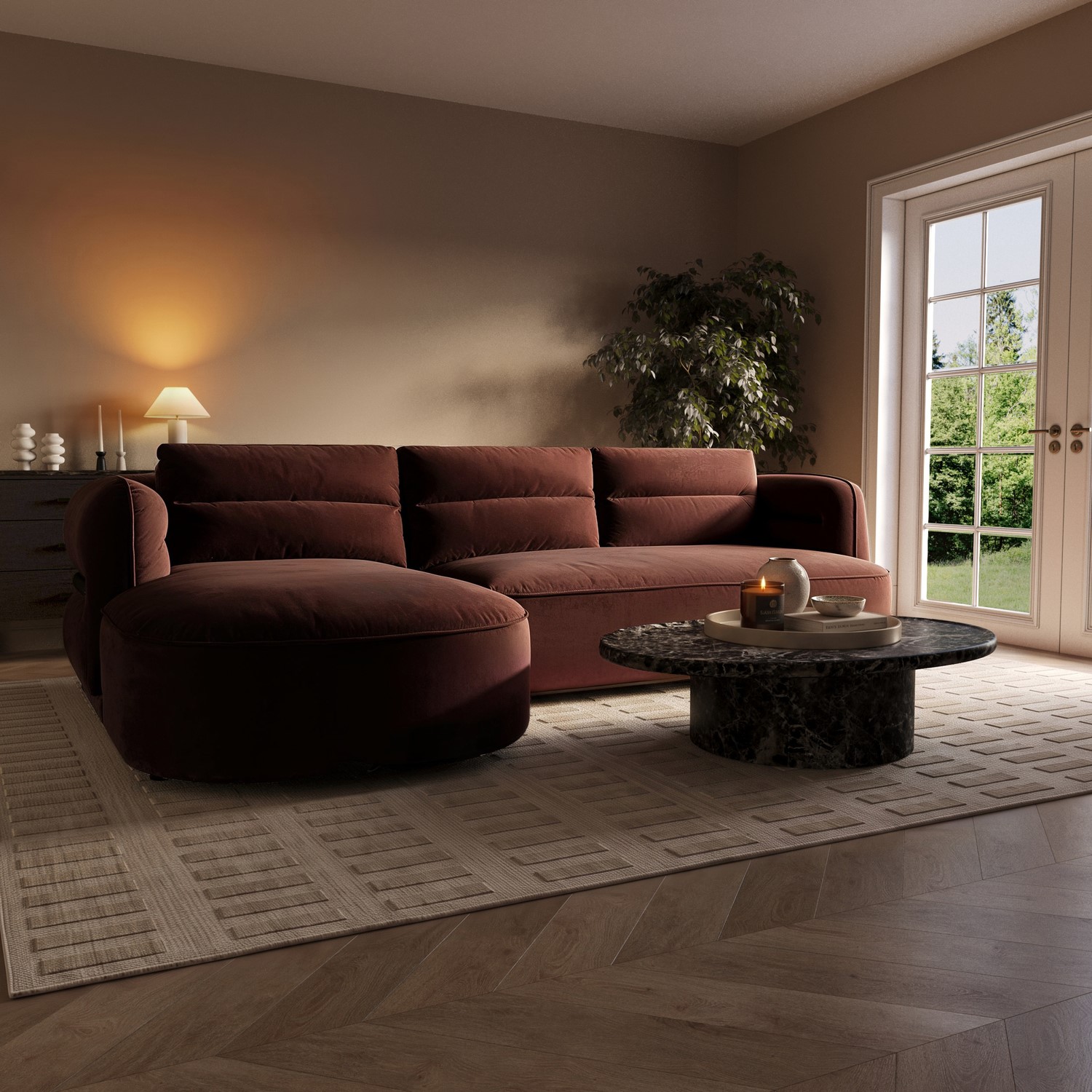 Dark Velvet 4 Seater Left Hand L Shape Curved Chaise Corner Sofa