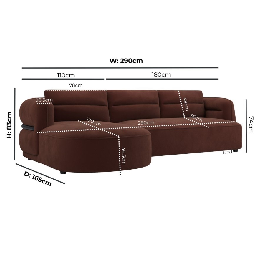 Dark Rust Velvet 4 Seater Left Hand L-Shape Curved Chaise Corner Sofa - Bodhi