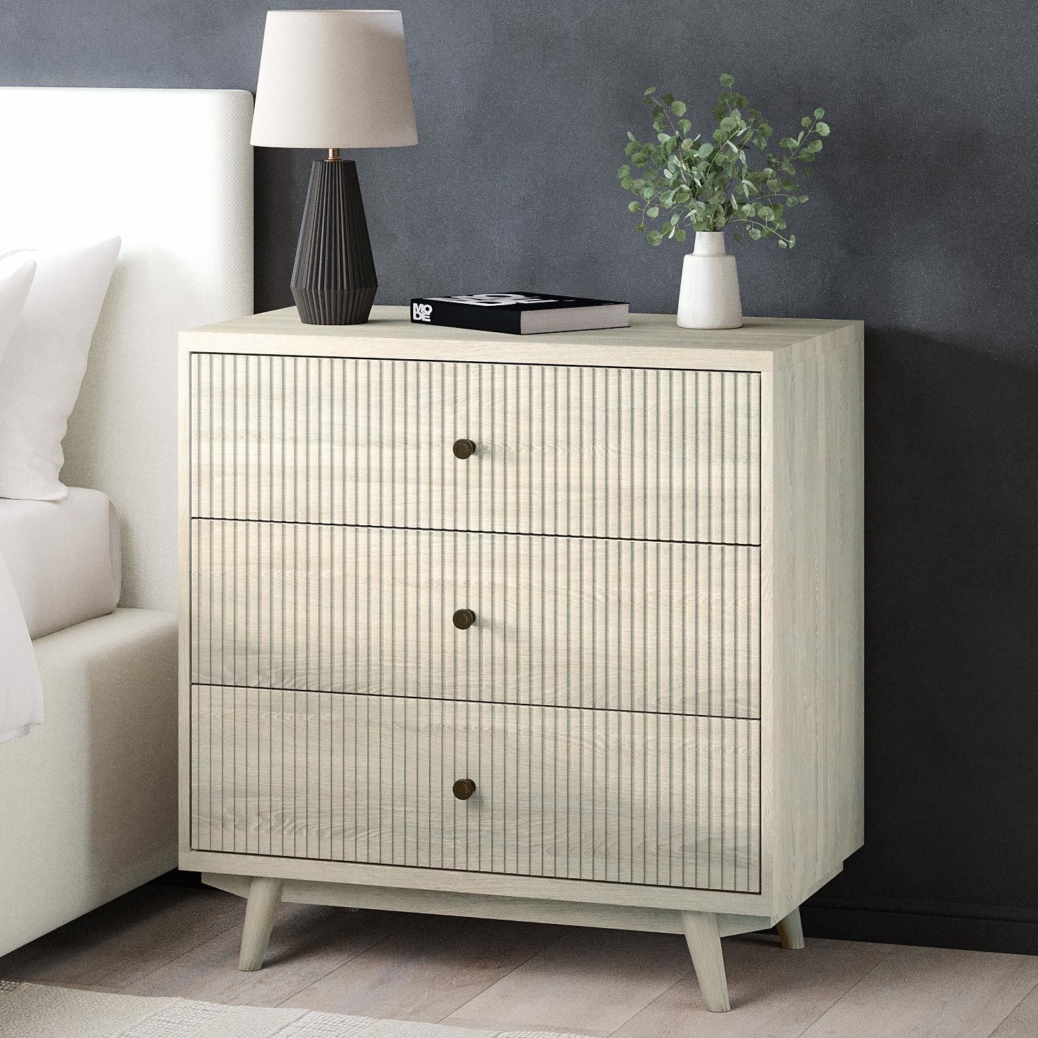 Photo of Cream limewash chest of 3 drawers with legs - beau