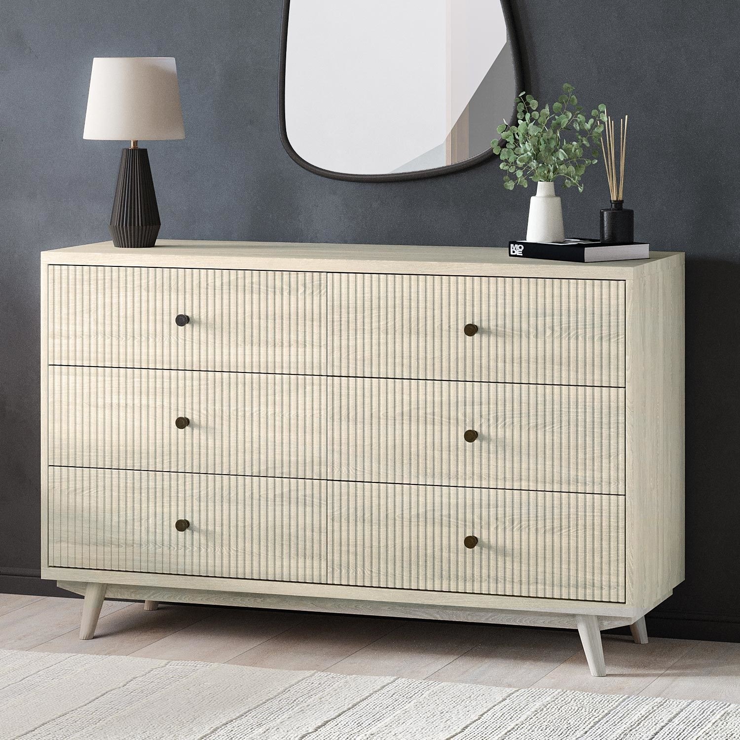 Photo of Wide cream limewash chest of 6 drawers with legs - beau