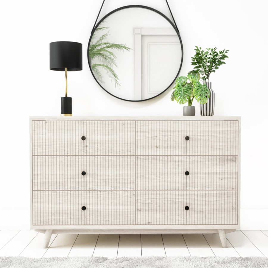 GRADE A2 - Wide Rustic Limewash Chest of 6 Drawers with Legs - Beau