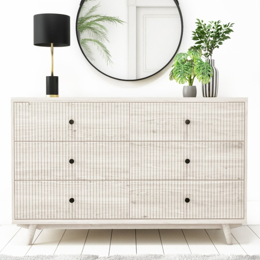 GRADE A2 - Wide Rustic Limewash Chest of 6 Drawers with Legs - Beau