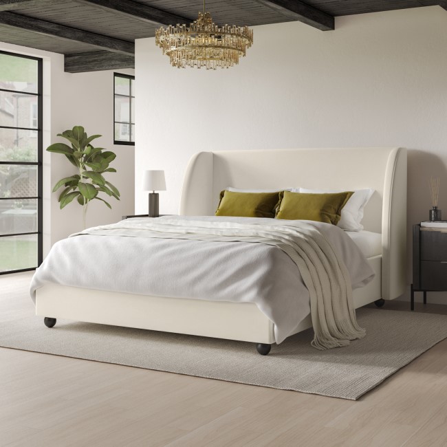 Off-White Velvet King Size Ottoman Bed - Bergamo