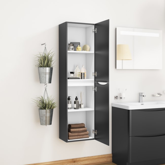 GRADE A2 - Black Wall Hung Tall Bathroom Storage Cabinet - W400 x H1500mm - Oakland