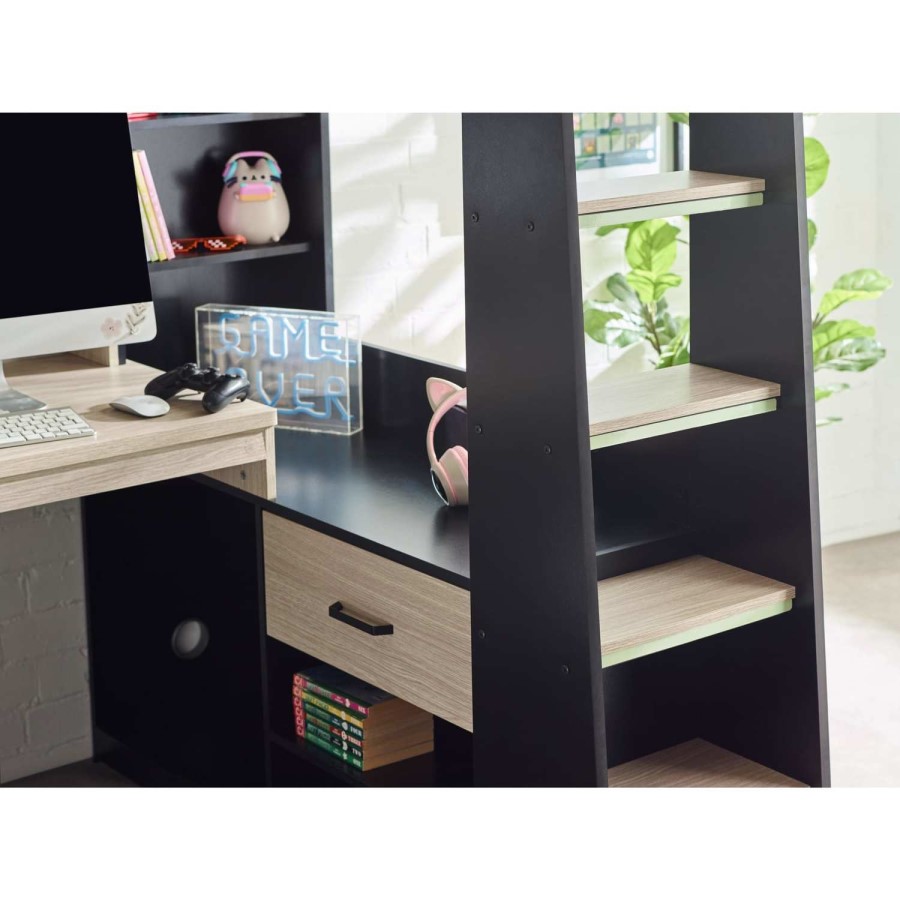 Light Oak and Black High Sleeper Gaming Bed with Desk - Blaze