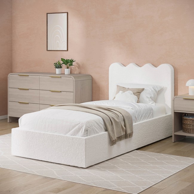 Off-White Boucle Single Ottoman Bed with Scalloped Headboard - Boba