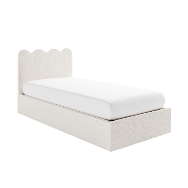 Off-White Boucle Single Ottoman Bed with Scalloped Headboard - Boba