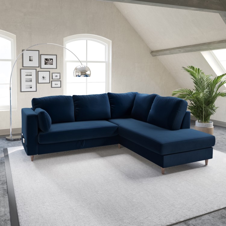 ALMOST PERFECT - Navy Velvet Right Hand Corner Sofa Bed with Storage - Seats 4 - Boe