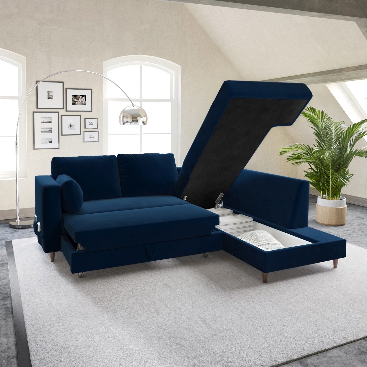 Photo of Navy velvet corner sofa bed with storage - seats 4 - boe