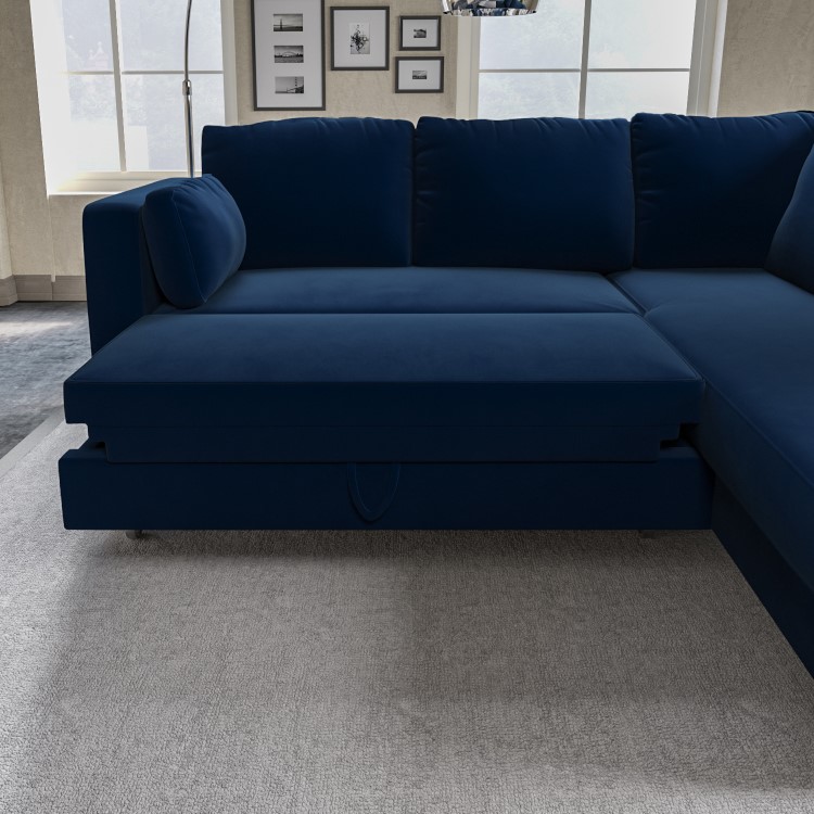 ALMOST PERFECT - Navy Velvet Right Hand Corner Sofa Bed with Storage - Seats 4 - Boe