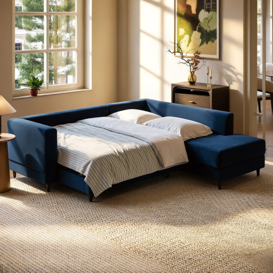 4 Seater Pull-Out Corner Sofa Bed with Storage in Navy Blue Velvet - Boe