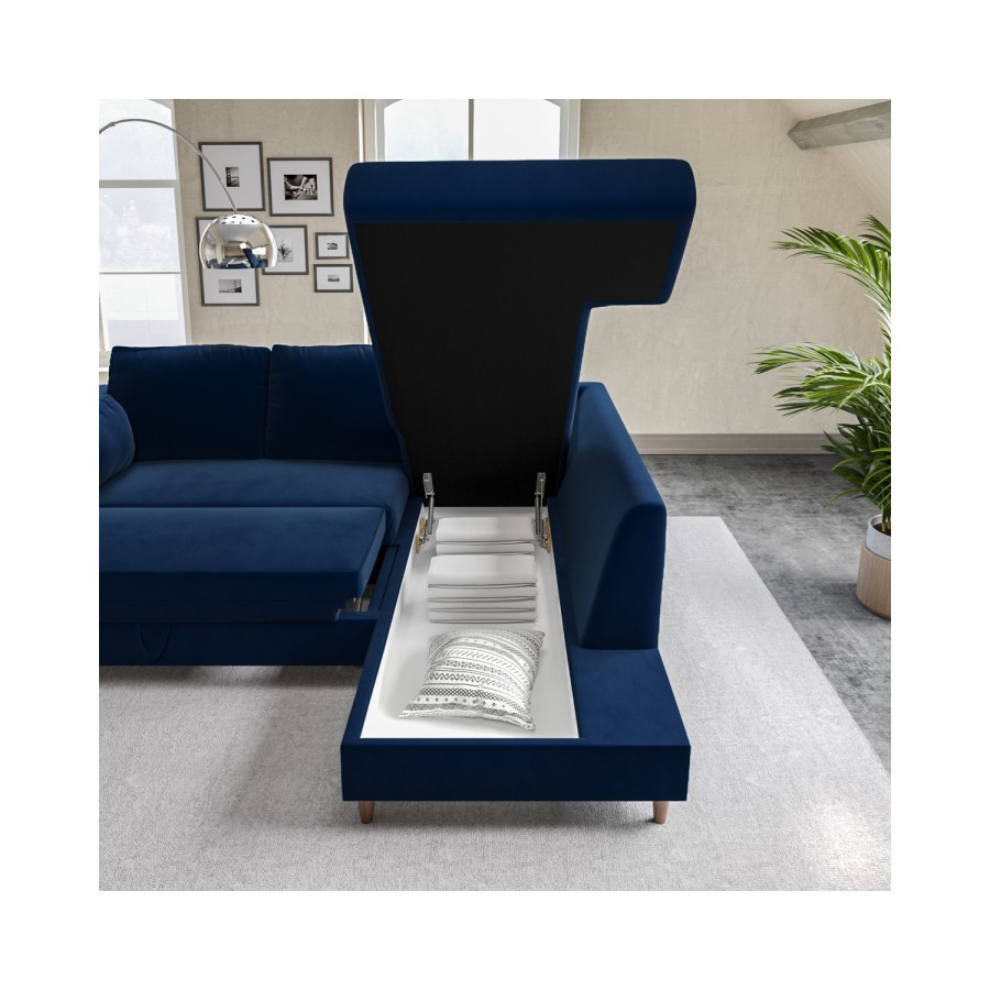 GRADE A2 - Navy Velvet Corner Sofa Bed with Storage - Seats 4 - Boe