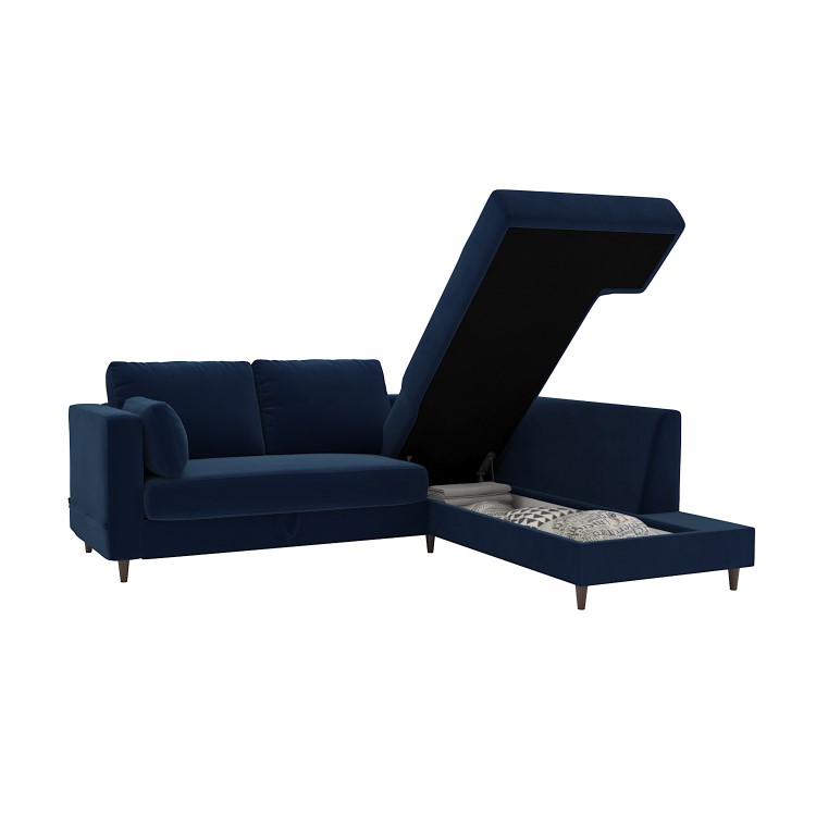 ALMOST PERFECT - Navy Velvet Right Hand Corner Sofa Bed with Storage - Seats 4 - Boe