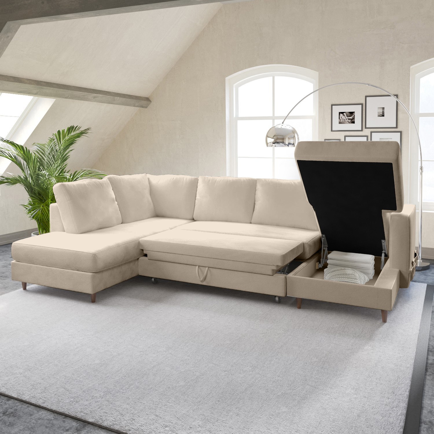 6 Seater U Shaped Corner Sofa Bed with Storage in Beige Woven - Left