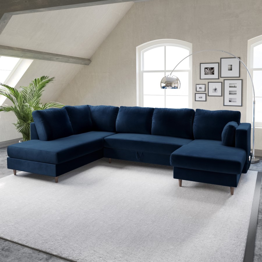 GRADE A1 - 6 Seater U Shaped Corner Sofa Bed with Storage in Navy Velvet - Left Hand Facing - Boe