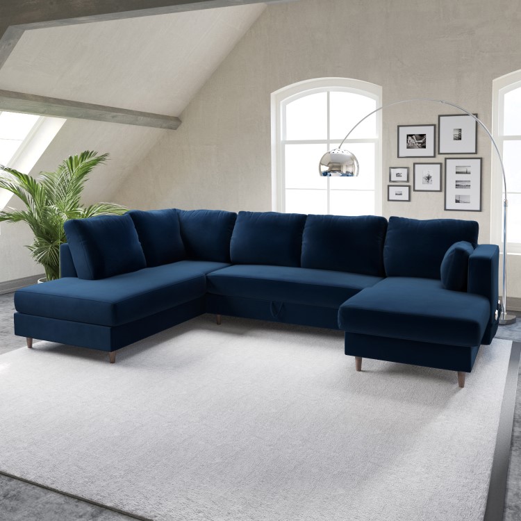 Navy Blue Velvet U-Shaped Left Hand Sofa Bed with Storage - Seats 6 - Boe