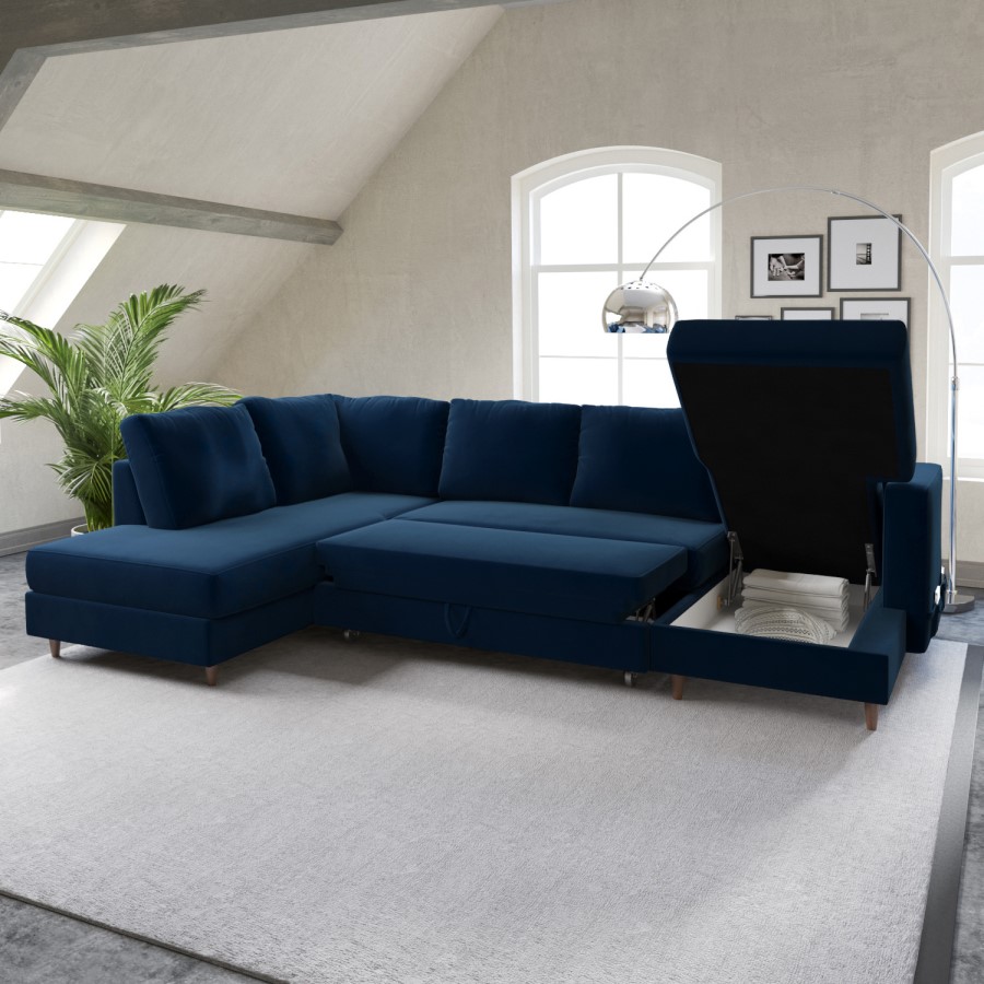 ONLY OPENED - Navy Blue Velvet U-Shaped Left Hand Sofa Bed with Storage - Seats 6 - Boe