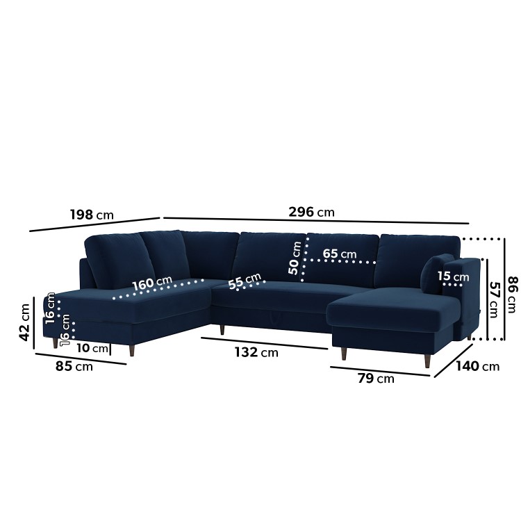 Navy Blue Velvet U-Shaped Left Hand Sofa Bed with Storage - Seats 6 - Boe