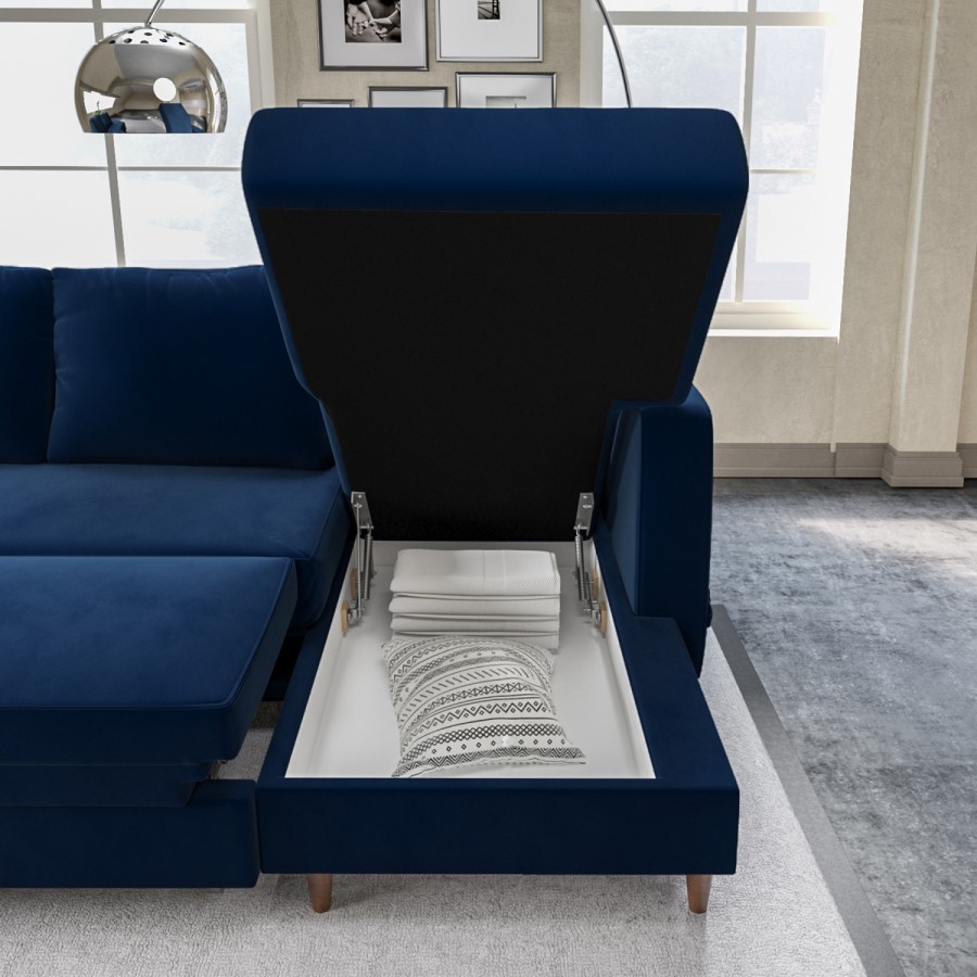 ONLY OPENED - Navy Blue Velvet U-Shaped Left Hand Sofa Bed with Storage - Seats 6 - Boe