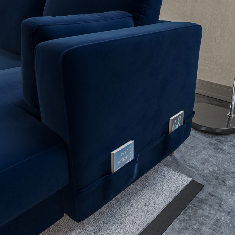 ONLY OPENED - Navy Blue Velvet U-Shaped Left Hand Sofa Bed with Storage - Seats 6 - Boe