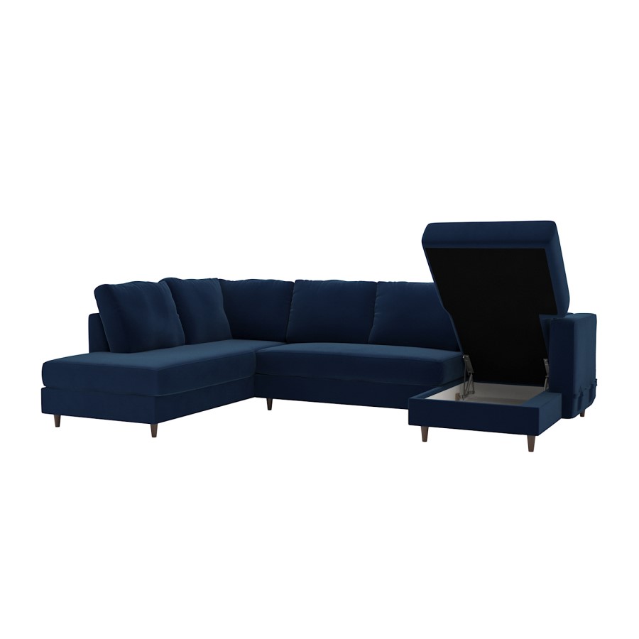 6 Seater Pull-Out U-Shape Sofa Bed with Storage in Navy Blue Velvet - Boe