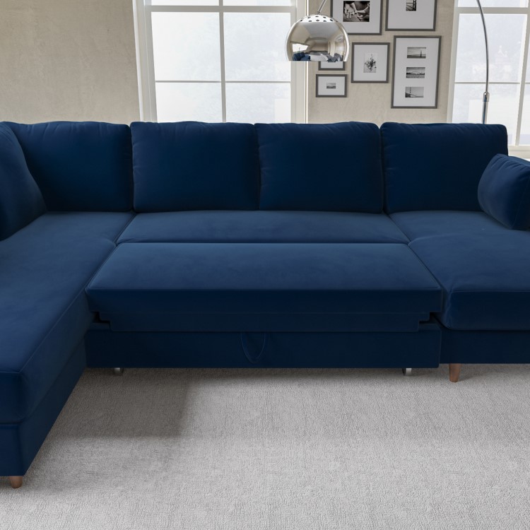 Navy Blue Velvet U-Shaped Left Hand Sofa Bed with Storage - Seats 6 - Boe