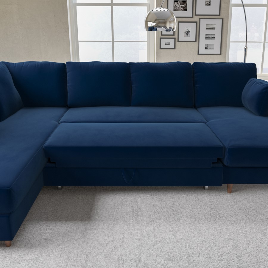 ONLY OPENED - Navy Blue Velvet U-Shaped Left Hand Sofa Bed with Storage - Seats 6 - Boe