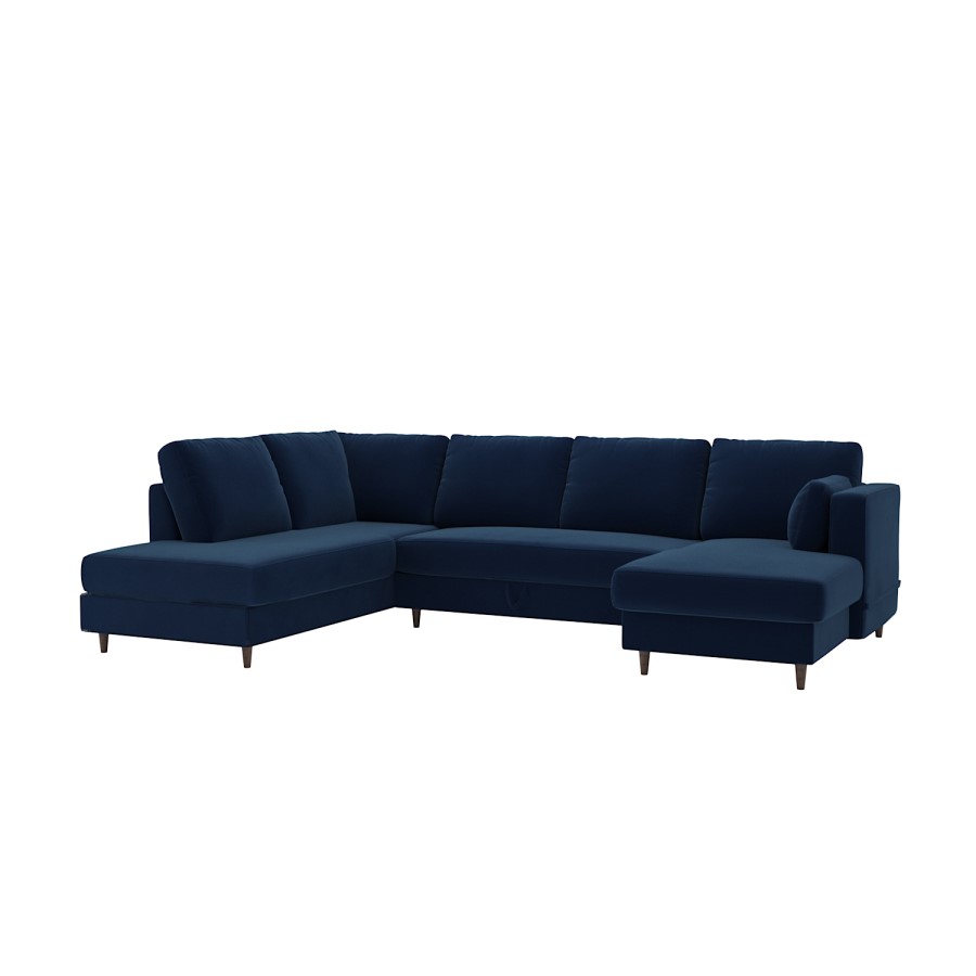 ONLY OPENED - Navy Blue Velvet U-Shaped Left Hand Sofa Bed with Storage - Seats 6 - Boe
