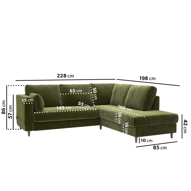 Olive Green Velvet L Shaped Sofa Bed with Storage - Seats 4 - Boe