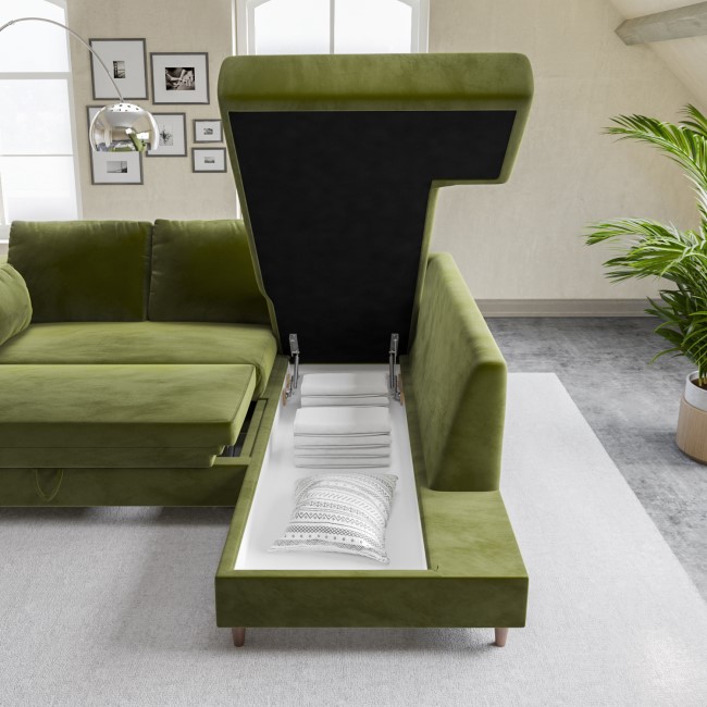 Olive Green Velvet L Shaped Sofa Bed with Storage - Seats 4 - Boe