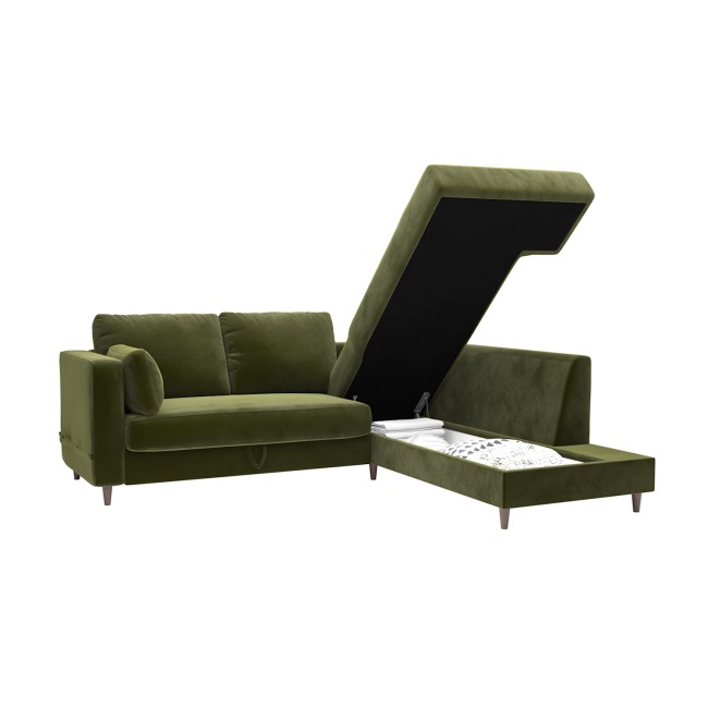 Olive Green Velvet L Shaped Sofa Bed with Storage - Seats 4 - Boe