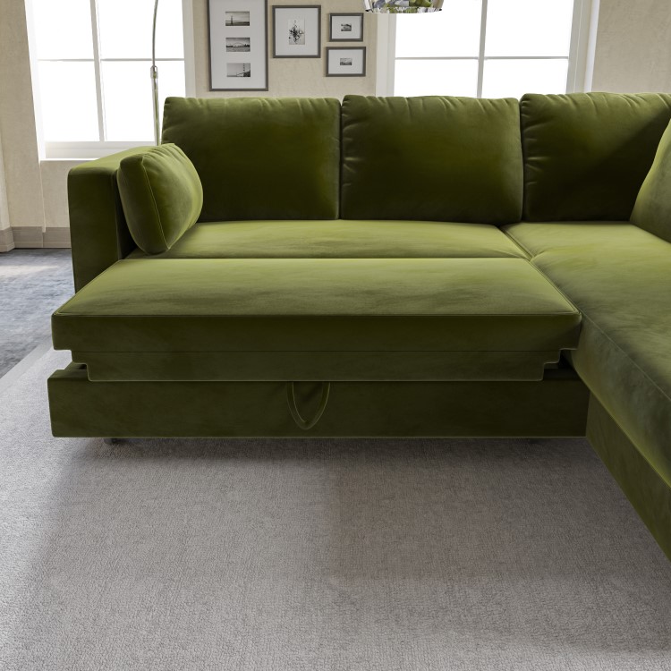 GRADE A1 - Olive Green Velvet L Shaped Sofa Bed with Storage - Seats 4 - Boe