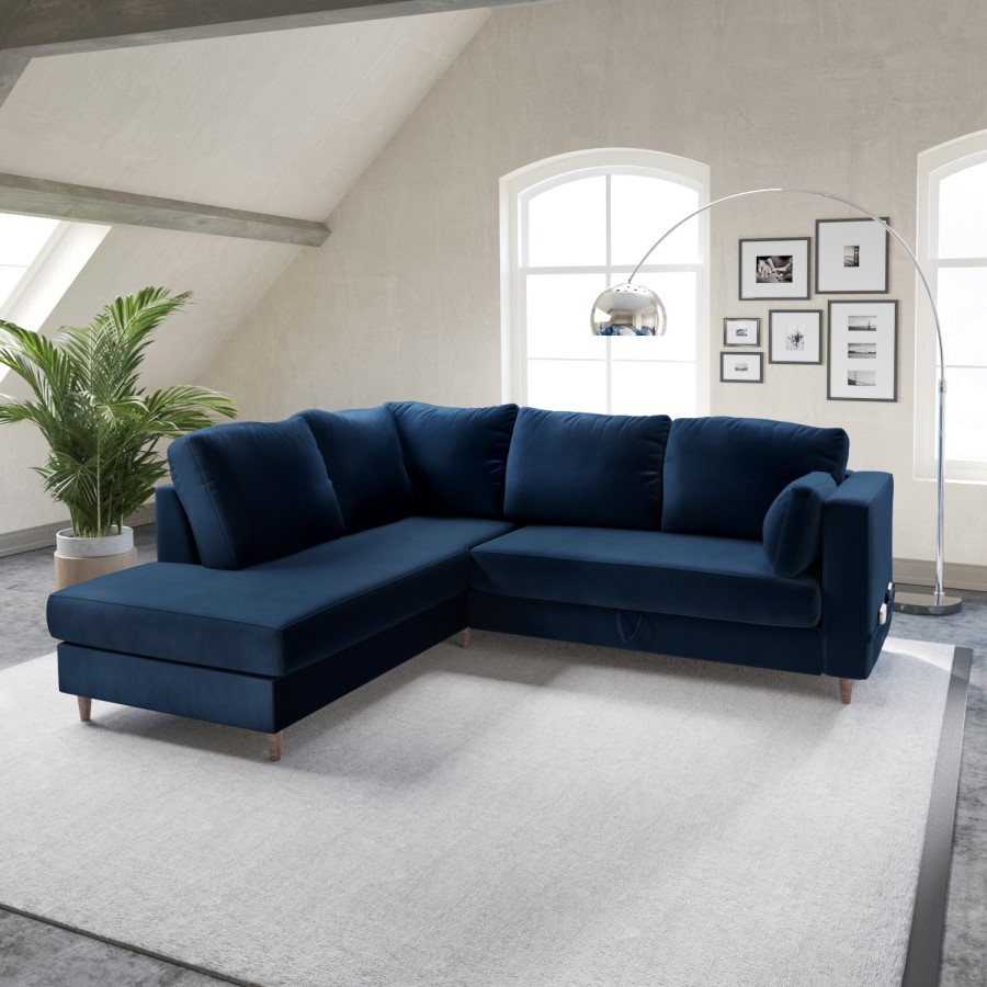 ONLY OPENED - Navy Velvet Left Hand Corner Sofa Bed with Storage - Seats 4 - Boe