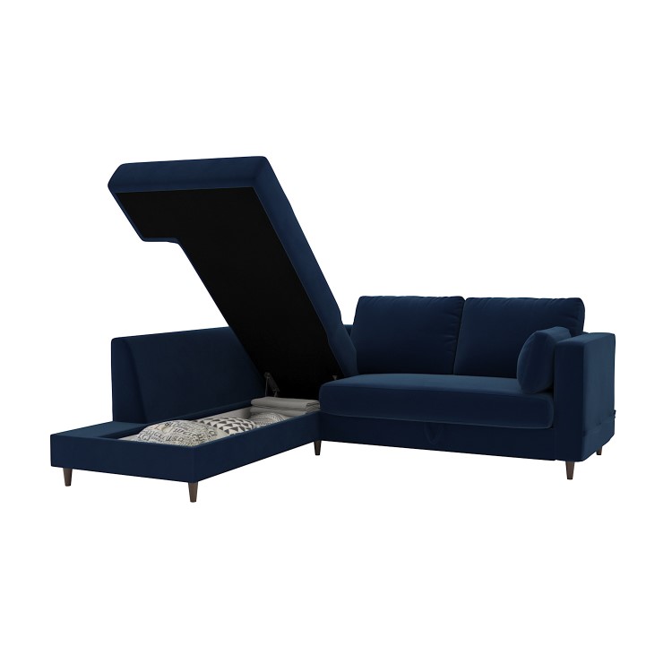 Navy Blue Velvet Left Hand Corner Sofa Bed with Storage - Seats 4 - Boe