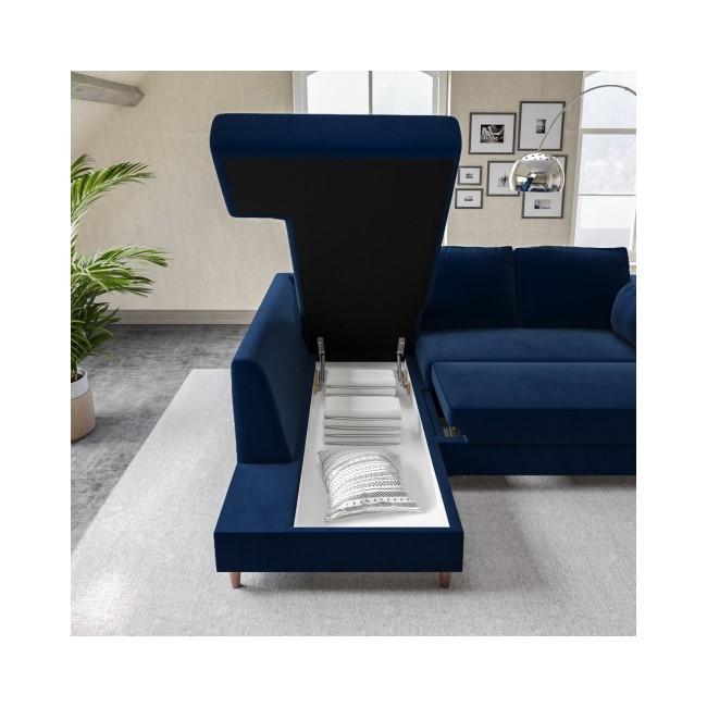 Navy Blue Velvet Left Hand Corner Sofa Bed with Storage - Seats 4 - Boe