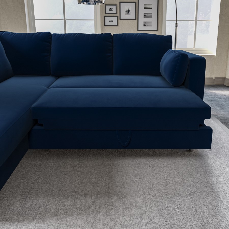 ONLY OPENED - Navy Velvet Left Hand Corner Sofa Bed with Storage - Seats 4 - Boe