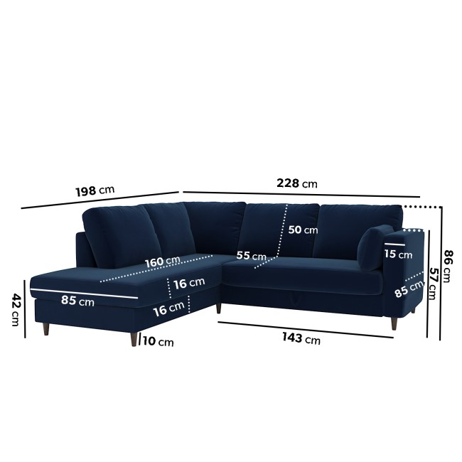 Navy Blue Velvet Left Hand Corner Sofa Bed with Storage - Seats 4 - Boe