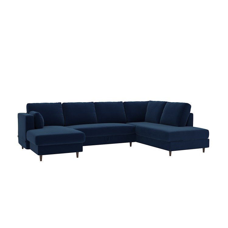 Navy Blue Velvet U-Shaped Right Hand Facing Sofa Bed with Storage - Seats 6 - Boe