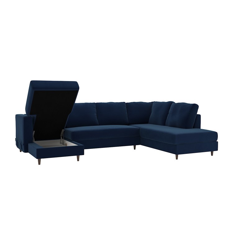 Navy Blue Velvet U-Shaped Right Hand Facing Sofa Bed with Storage - Seats 6 - Boe