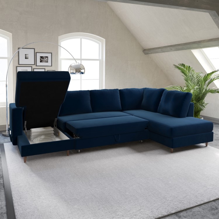 Navy Blue Velvet U-Shaped Right Hand Facing Sofa Bed with Storage - Seats 6 - Boe