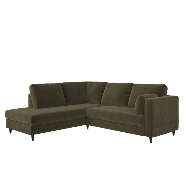 Khaki Green Velvet Left Hand Corner Sofa Bed with Storage - Seats 4 - Boe