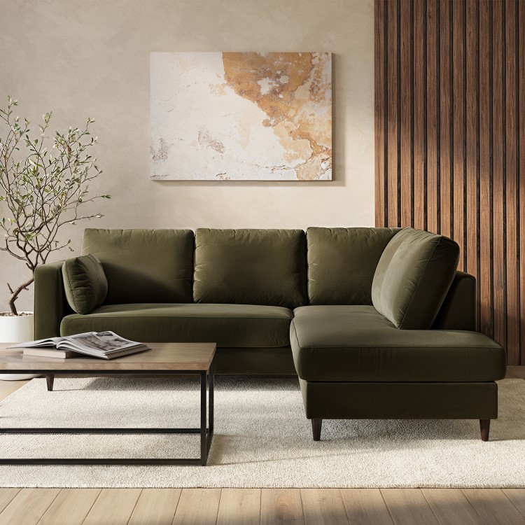 Khaki Green Velvet Right Hand Corner Sofa Bed with Storage - Seats 4 - Boe