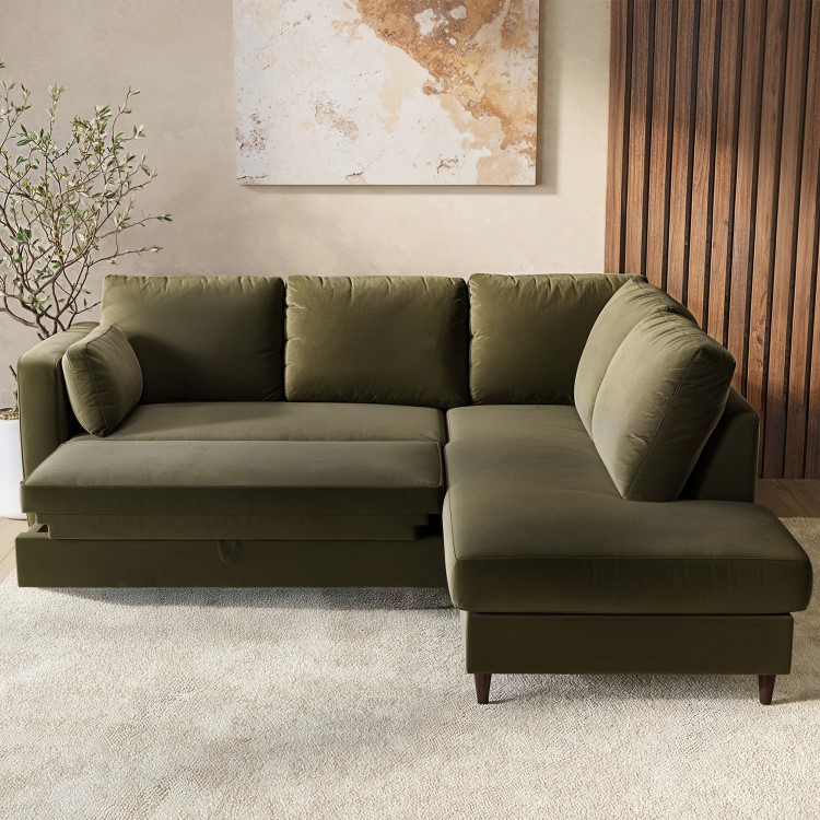 Khaki Green Velvet Right Hand Corner Sofa Bed with Storage - Seats 4 - Boe