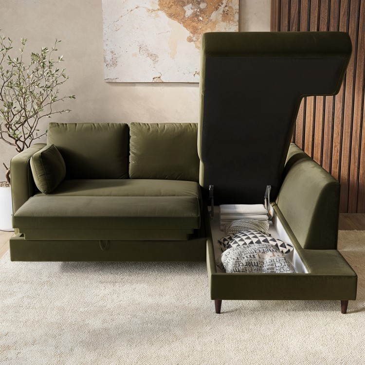 Khaki Green Velvet Right Hand Corner Sofa Bed with Storage - Seats 4 - Boe