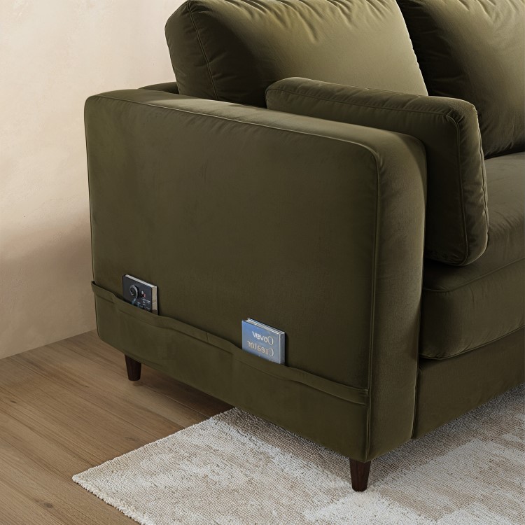 Khaki Green Velvet Right Hand Corner Sofa Bed with Storage - Seats 4 - Boe