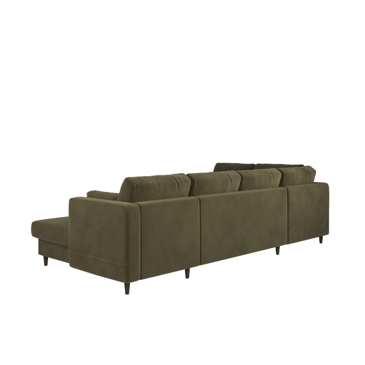 Khaki Green Velvet U-Shaped Left Hand Sofa Bed with Storage - Seats 6 - Boe