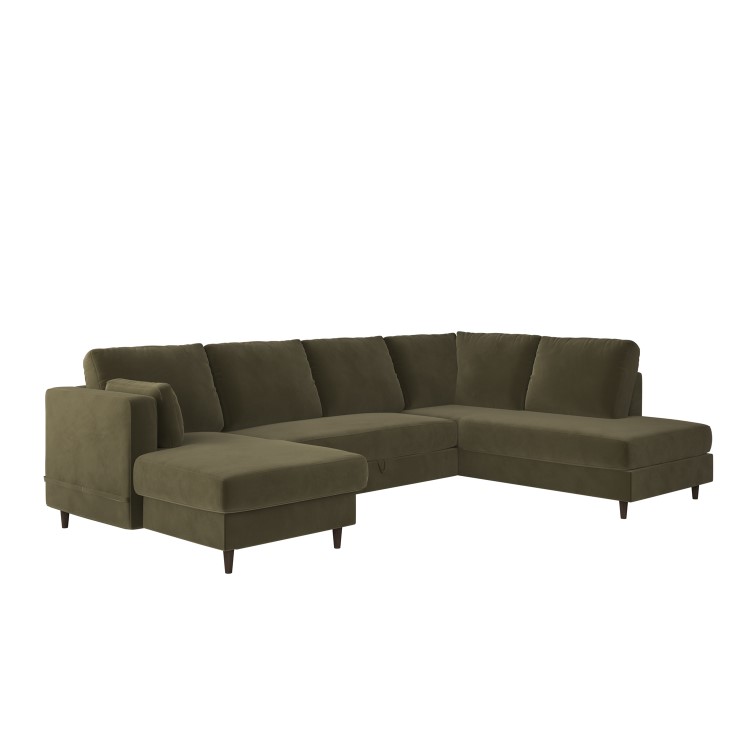 Khaki Green Velvet U-Shaped Right Hand Sofa Bed with Storage - Seats 6 - Boe